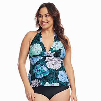 Plus Size Mazu Spring Peony Scallop Halter Tankini Swim Top