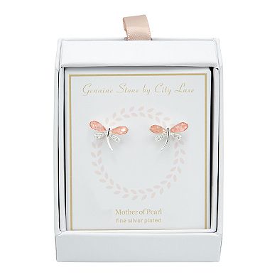 City Luxe Silver Tone Genuine Mother of Pearl & Cubic Zirconia Dragonfly Stud Earrings