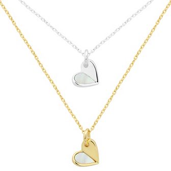 City Luxe Two Tone Genuine Mother of Pearl Layered Heart Necklace