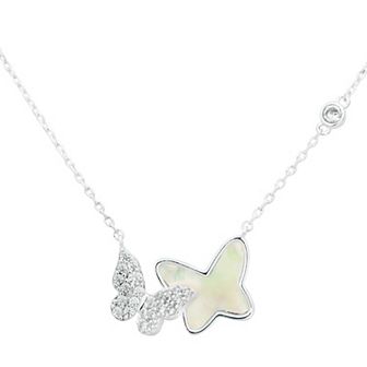 City Luxe Silver Tone Genuine Mother of Pearl & Cubic Zirconia Butterfly Pendant Necklace