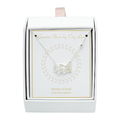 City Luxe Silver Tone Genuine Mother of Pearl & Cubic Zirconia Butterfly Pendant Necklace 