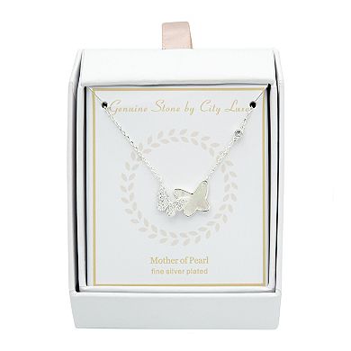 City Luxe Silver Tone Genuine Mother of Pearl & Cubic Zirconia Butterfly Pendant Necklace