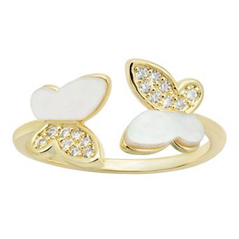 City Luxe Gold Tone Mother of Pearl & Cubic Zirconia Open Butterfly Ring