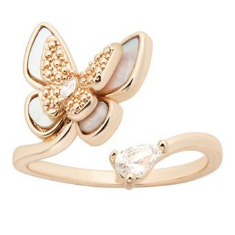 City Luxe Gold Tone Mother of Pearl & Cubic Zirconia Butterfly Wrap Ring