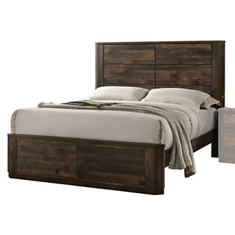 Transitional Style Queen Size Bed with Panel Design Headboard, Rustic Brown