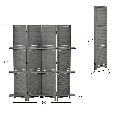 Wood Mobile Folding Privacy Screen Partition Wall Room Divider W/ Shelves White