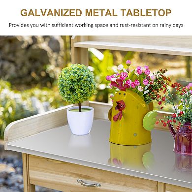 Outdoor Wood Potting Bench, Workstation Table W/ Storage Cabinet & Shelf Grey