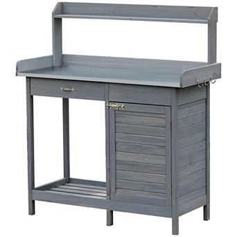 Outdoor Wood Potting Bench, Workstation Table W/ Storage Cabinet & Shelf Grey