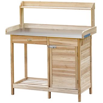 Outdoor Wood Potting Bench, Workstation Table W/ Storage Cabinet & Shelf Grey