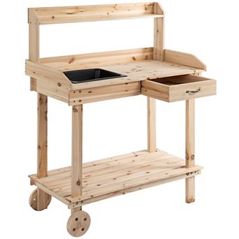 Outdoor Wood Planting Workstation Potting Bench Table W/ Large Storage Spaces