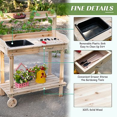 Outsunny 36inch x 18" x 47ft' Wood Potting Bench Work Table w/ 2 Wheels