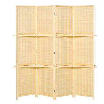 6' Folding Privacy Screen Indoor Room Divider W/ 2 Open Display Shelves, Natural