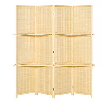 6' Folding Privacy Screen Indoor Room Divider W/ 2 Open Display Shelves, Natural
