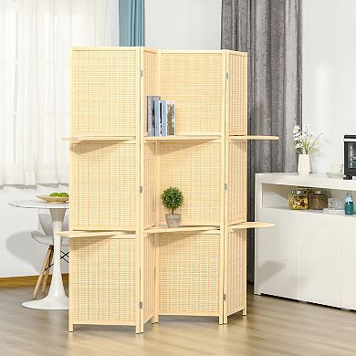 6' Folding Privacy Screen Indoor Room Divider W/ 2 Open Display Shelves, Natural