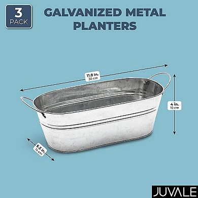 Galvanized Metal Oval Planter with Handles for Decor (11.8 x 5.5 x 4 in, 3 Pack)
