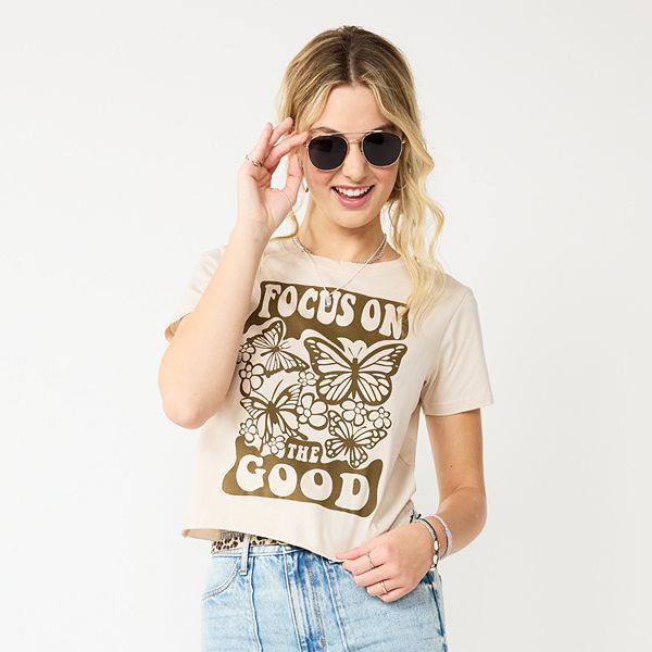 Juniors' "Focused on Good" Cropped Vintage Graphic Tee