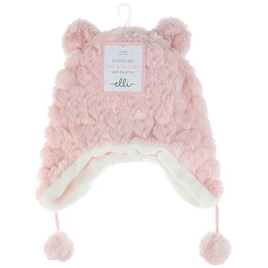 Toddler Girls Capelli Bear Heart Faux Fur Earflap Hat & Mittens Set