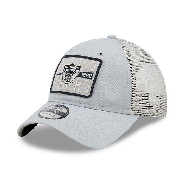 Men's New Era Silver/Natural Oakland Raiders Historic Logo Devoted Trucker  9TWENTY Snapback Hat