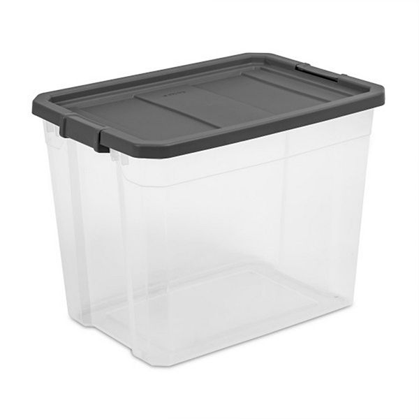 Sterilite 108 Quart Plastic Stacker Box, Lidded Storage Bin Container for Home and Garage Organizing, Shoes, Tools, Clear Base & Gray Lid, 4-Pack