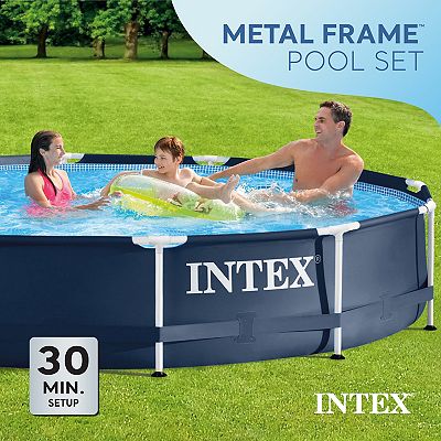 Intex 28211ST 12 foot x 30 inch Metal Frame Round 6 Person Outdoor Backyard Above Ground Swimming Pool with Krystal Klear Filter Cartridge Pump Navy