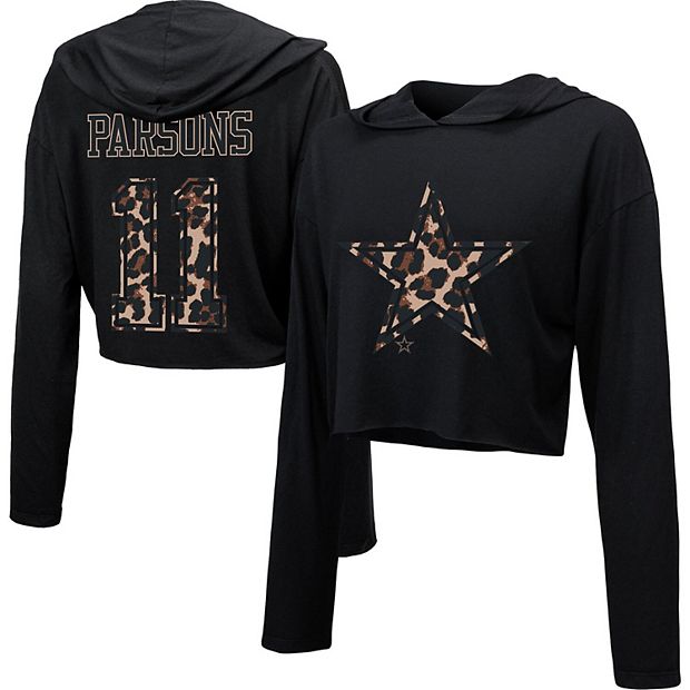 Women's Majestic Threads Micah Parsons Black Leopard Player Name & Number  Long Sleeve Cropped Hoodie