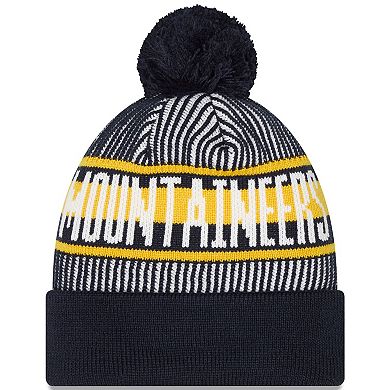 Men's New Era  Navy West Virginia Mountaineers Logo Striped Cuff Knit Hat with Pom