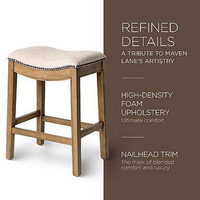 Maven Lane Adrien Saddle Counter Stool In Natural Wood Finish W/ Wheat Cream Fabric Upholstery