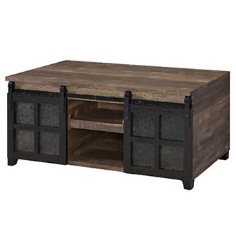 Coffee Table with 2 Barn Sliding Glass Doors and Pull Out Tray, Brown