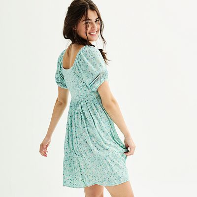 Juniors' Pink Republic Crochet Sleeve Skater Dress