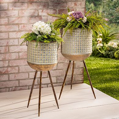 Round Galvanized Embossed Planter Floor Decor