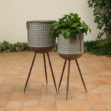 Round Galvanized Embossed Planter Floor Decor