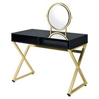 Vanity Desk with Round Mirror and Cross Metal Legs, Black and Gold