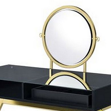 Vanity Desk with Round Mirror and Cross Metal Legs, Black and Gold