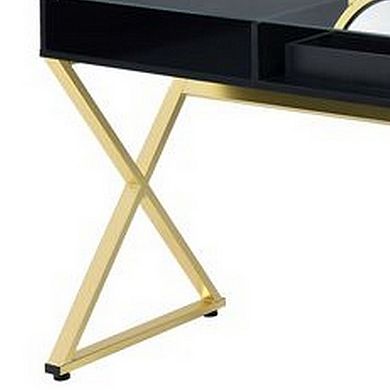 Vanity Desk with Round Mirror and Cross Metal Legs, Black and Gold