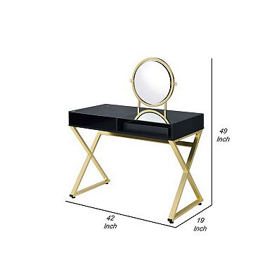 Vanity Desk with Round Mirror and Cross Metal Legs, Black and Gold