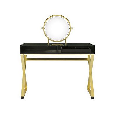 Vanity Desk with Round Mirror and Cross Metal Legs, Black and Gold