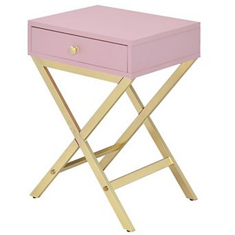 Wood and Metal Side Table with Crossed Base, Pink and Gold