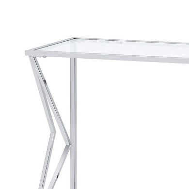 Sofa Table with Glass Top and Bottom Shelf and Geometric Accent, Silver