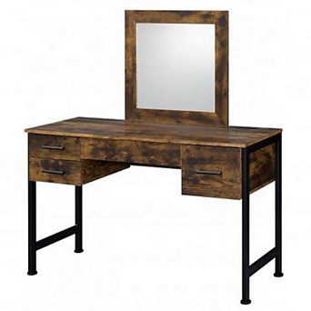 Vanity Desk with 4 Drawers and Square Mirror, Brown and Black