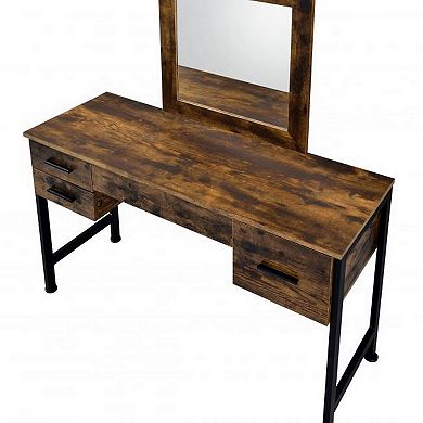 Vanity Desk with 4 Drawers and Square Mirror, Brown and Black