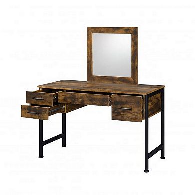 Vanity Desk with 4 Drawers and Square Mirror, Brown and Black