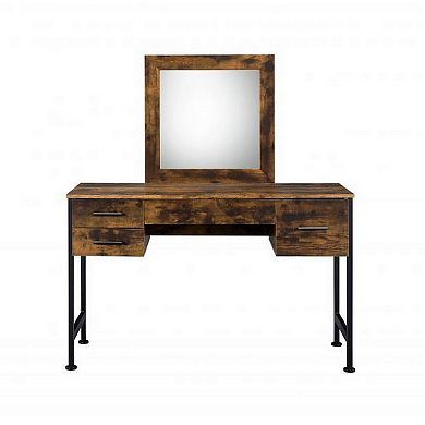 Vanity Desk with 4 Drawers and Square Mirror, Brown and Black