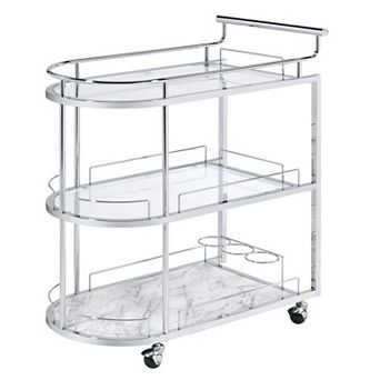 Serving Cart with Oval Shape and Metal Bar Handle, Silver