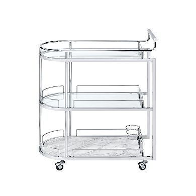 Serving Cart with Oval Shape and Metal Bar Handle, Silver