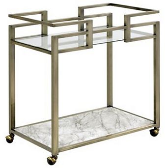 2 tier Serving Cart with Faux Marble and Metal Frame, Silver