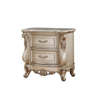 2 Drawer Nightstand With Raised Scrolled Floral Moulding, White