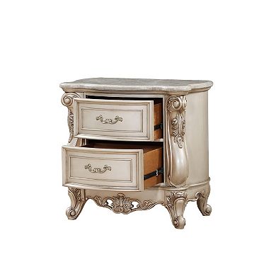 2 Drawer Nightstand With Raised Scrolled Floral Moulding, White
