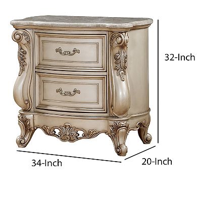 2 Drawer Nightstand With Raised Scrolled Floral Moulding, White
