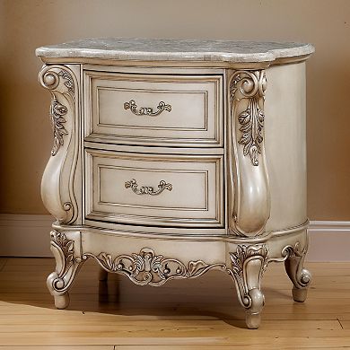 2 Drawer Nightstand With Raised Scrolled Floral Moulding, White