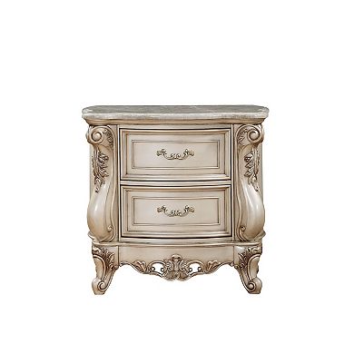 2 Drawer Nightstand With Raised Scrolled Floral Moulding, White